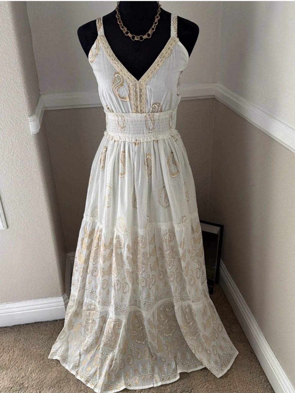 NWT Absolutely STUNNING Me 2 Magic Boho Sleeveless Gold Lurex Maxi Dress Lrg